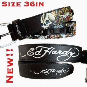 Ed Hardy Black Leather Belt with Skull Design NWT